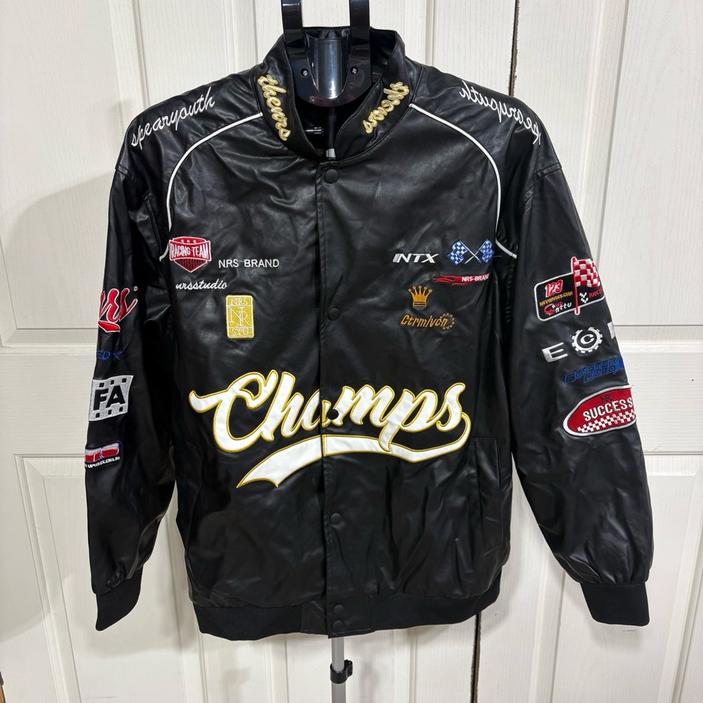 Aelfric Eden Champs Racing Team Jacket Size M Black Faux Leather Snap Close NWT